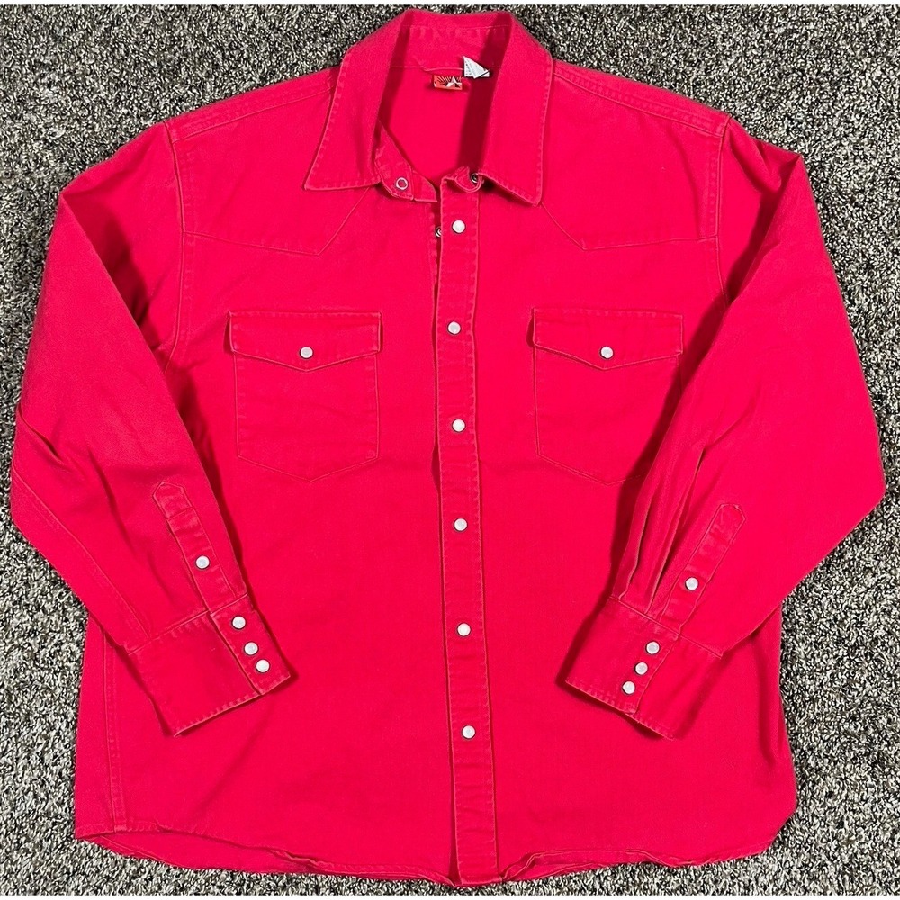 Vintage Red Star Marlboro Shirt Men's Red Denim Long Sleeve Pearl Snap Sz Large